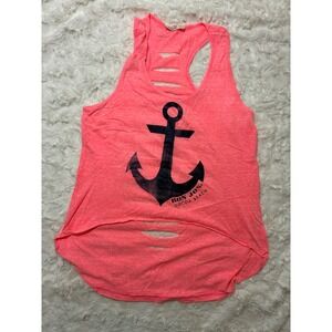 Ron Jon Surf Shop Cocoa Beach Neon Pink Anchor Shredded Back Tank Top Medium